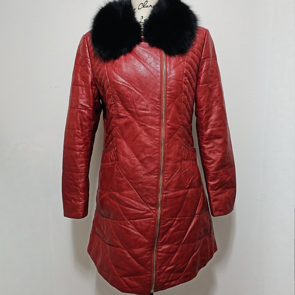 New Real Lamb Leather Jacket Coat Fox Fur Dark Red Crimson Berry Sangria